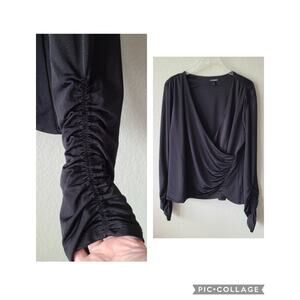 Gothic Witchy Wrap Black Women Blouse Top XL Ruched Sleeves Moody Dark Stretch